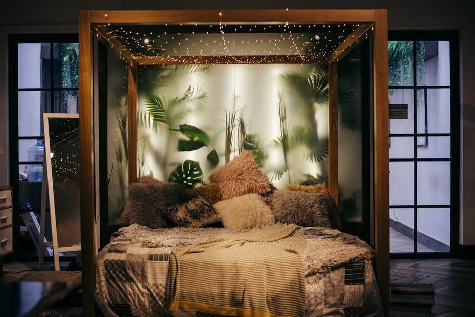 bohemian bed frame with string lights