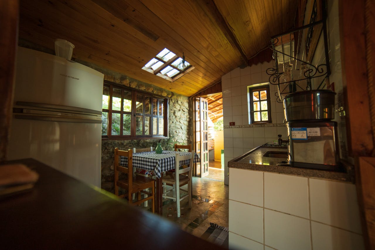 Kitchen with stone wall