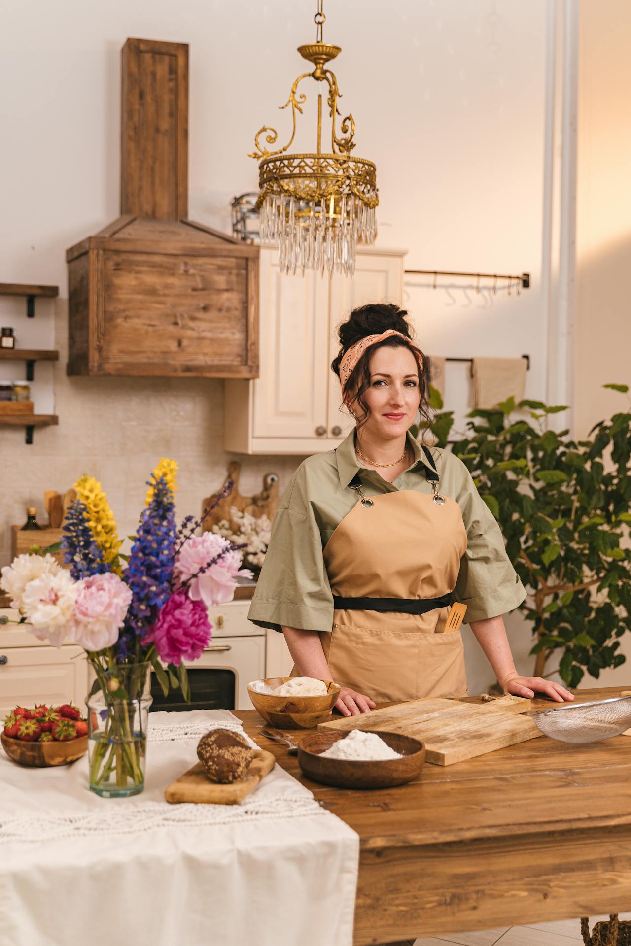 White rustic kitchen with woman