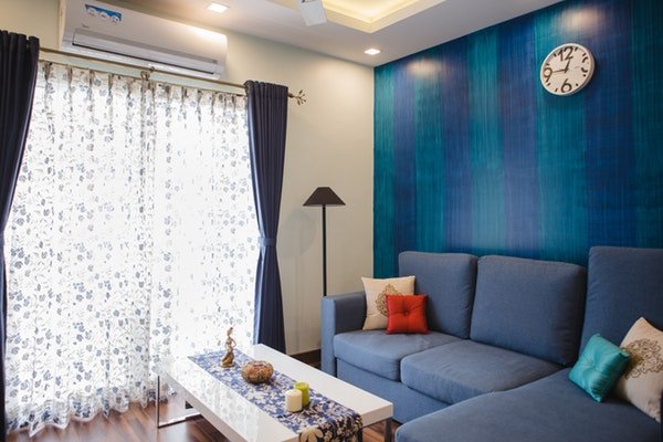 Print and plain living room curtains