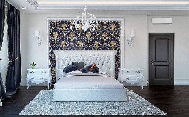 wallpapered bedroom