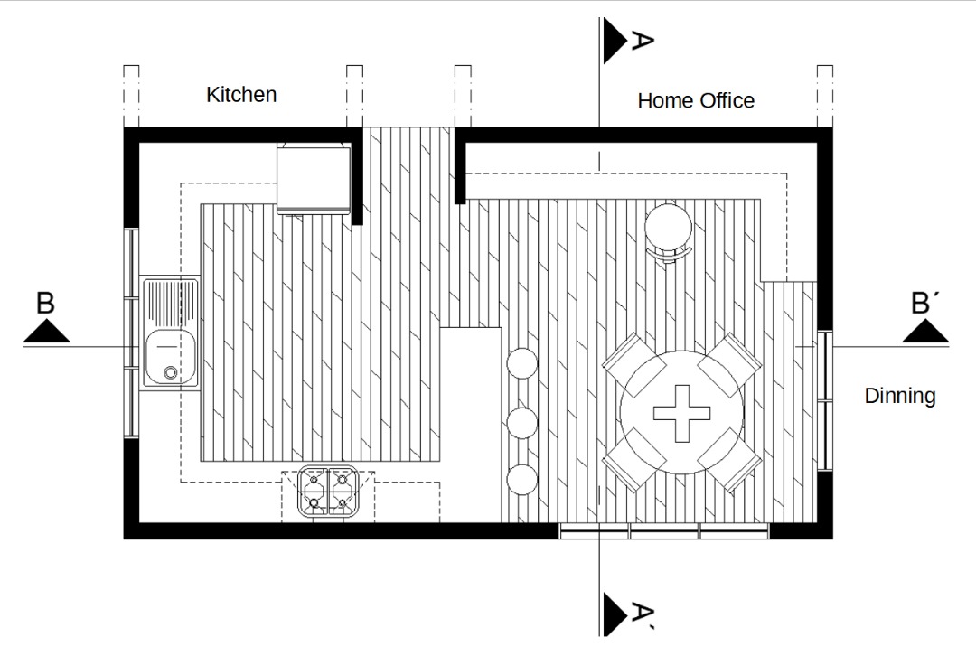 Home office between kitchen and dining