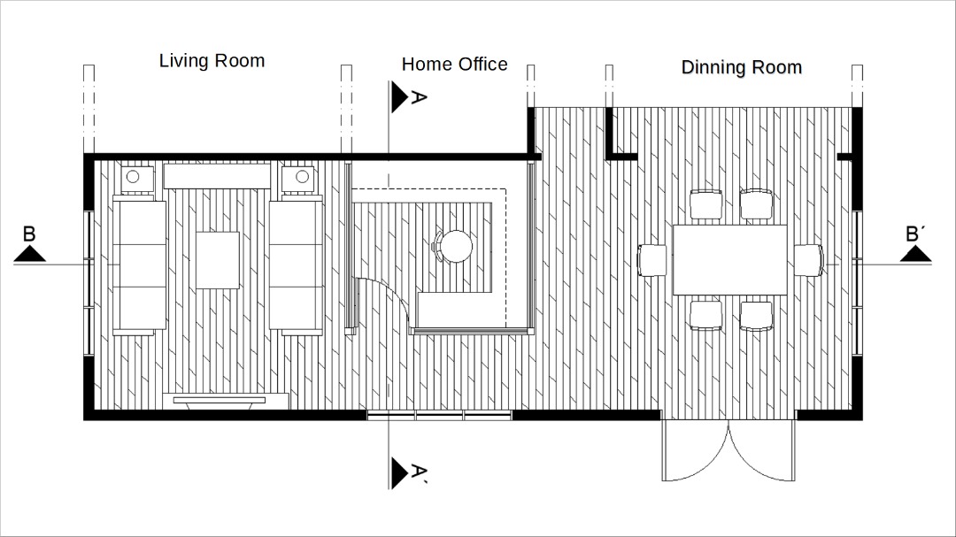 Home office between living room and dining room