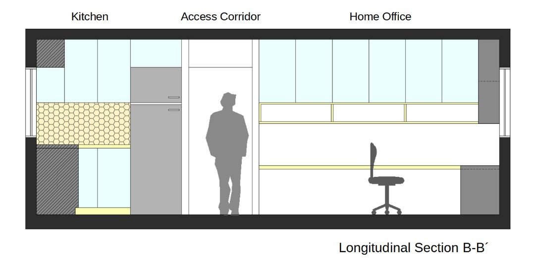 Home office between kitchen and dining section