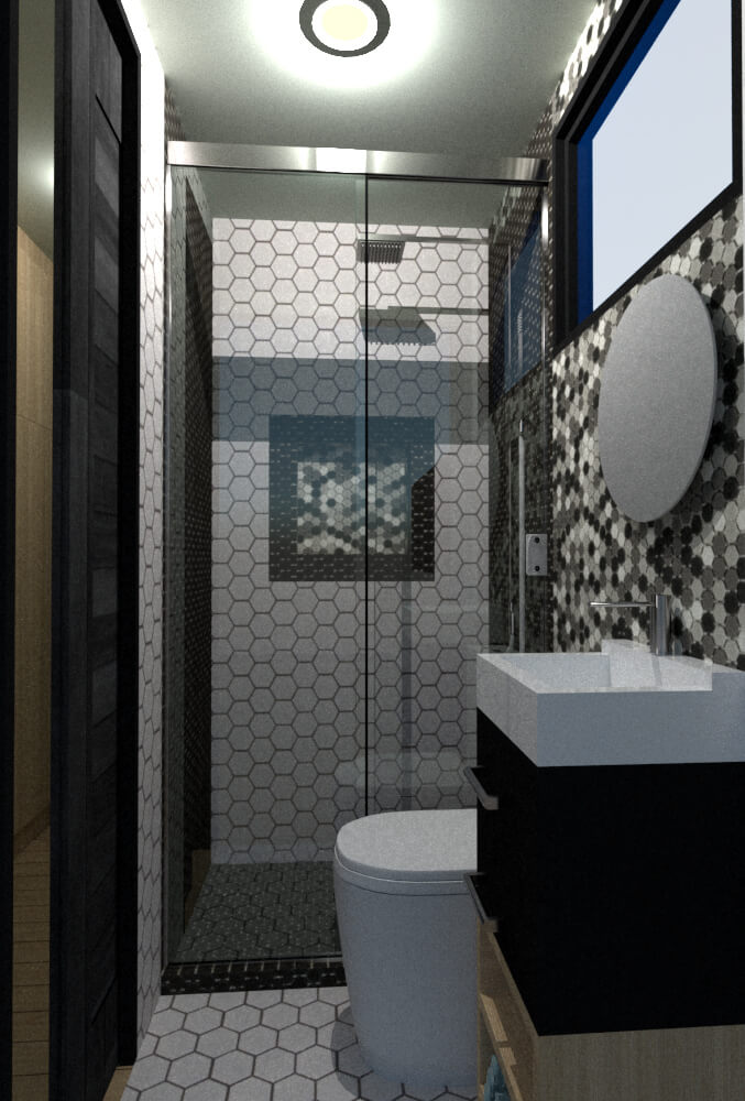 Tiny house bathroom lateral view