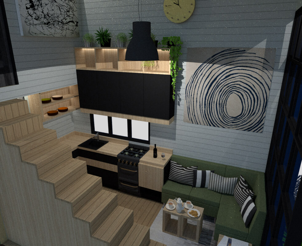 Tiny house open kitchen aerial view