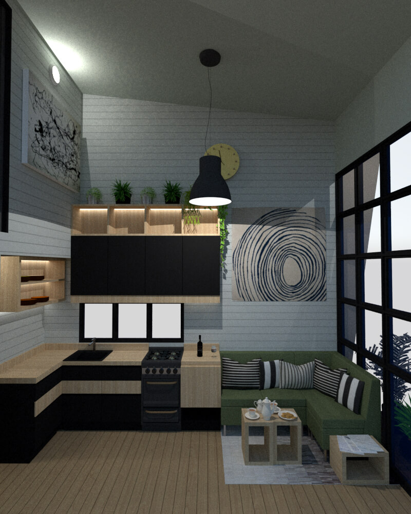 Tiny house open kitchen frontal view