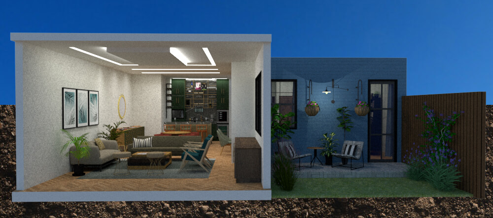 Cross section between the family room and the terrace