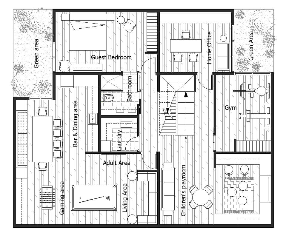 Basement with 2 recreational areas gym home office laundry guest room and bathroom