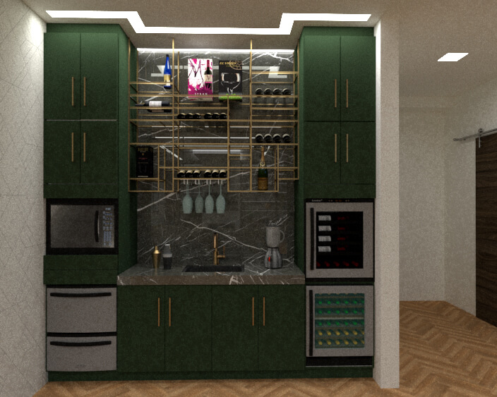 Front view of the built-in bar cabinet