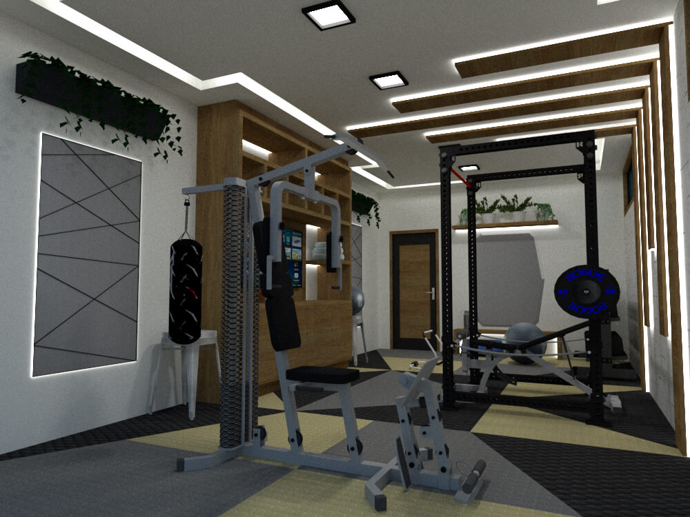 Small home gym layout with plant