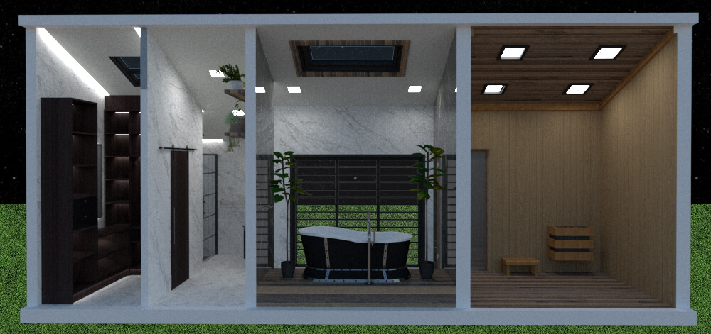 Longitudinal section view from the access to the bathroom, bathtub and sauna area