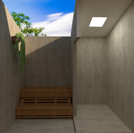 Longitudinal section view from the access to the sauna, the patio and the services