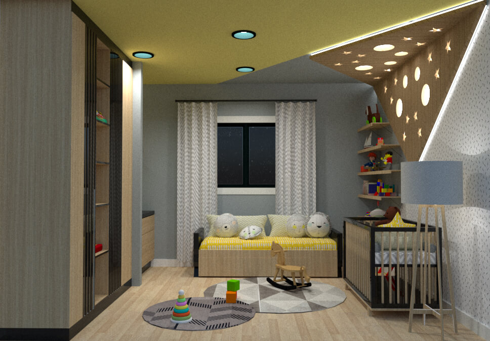 Longitudinal section view, from the side of the access to the room