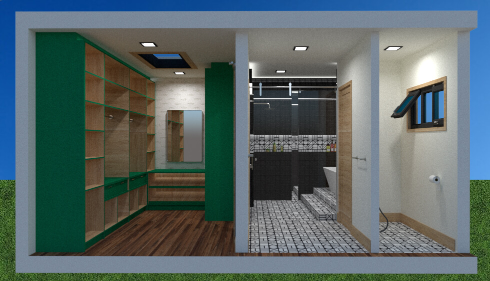 Cross-sectional view, from the right wall of the room