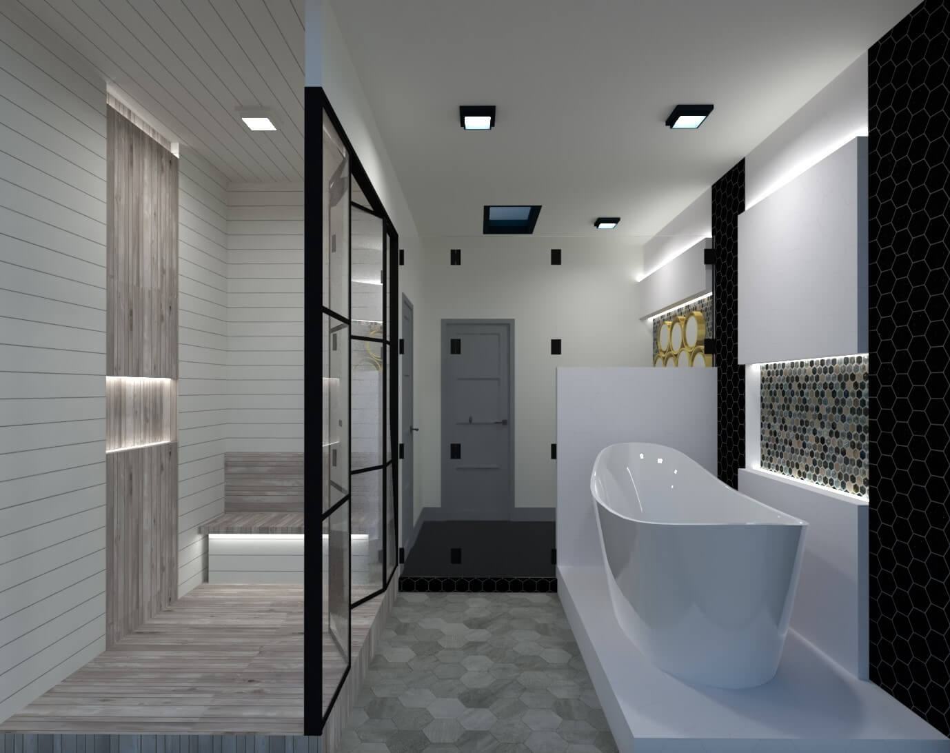 Sectional view from the bottom of the bathroom towards the access