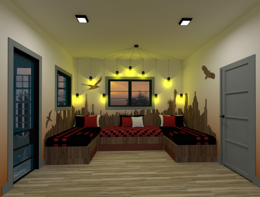 Frontal cut view towards the beds