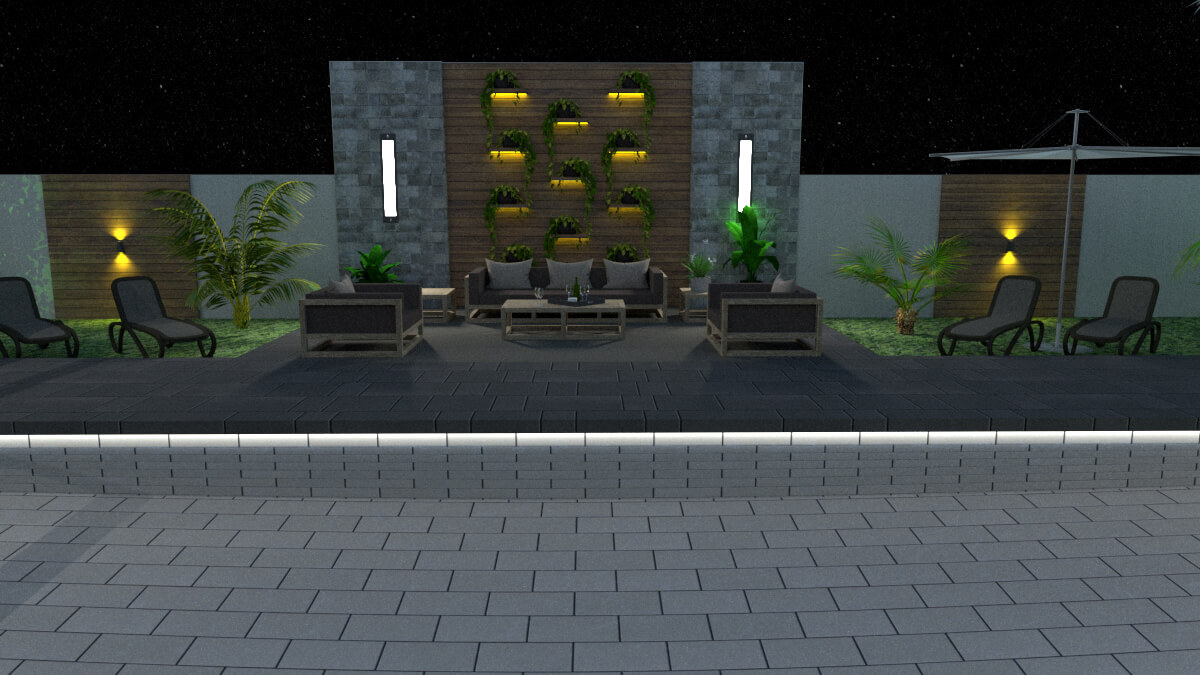 Front view of the sunbathing and relaxing area of the pool. pool design