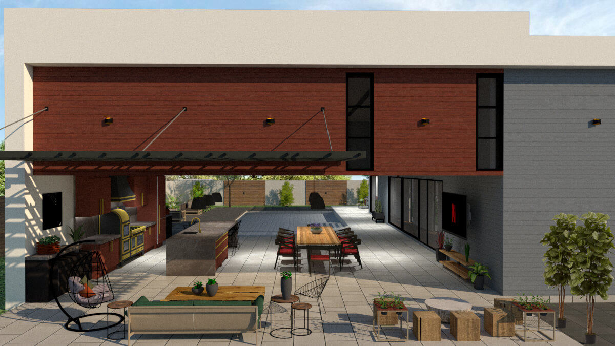 Lateral view of the backyard on terrace design Lateral view of furniture and distribution on terrace design