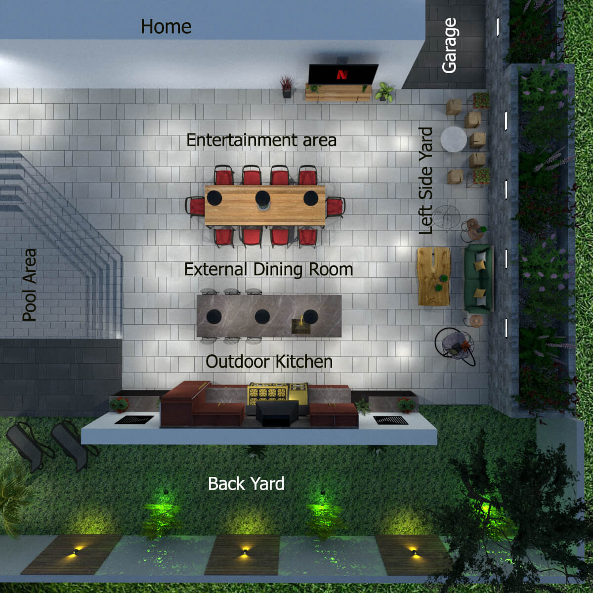 Terrace floor with outdoor kitchen