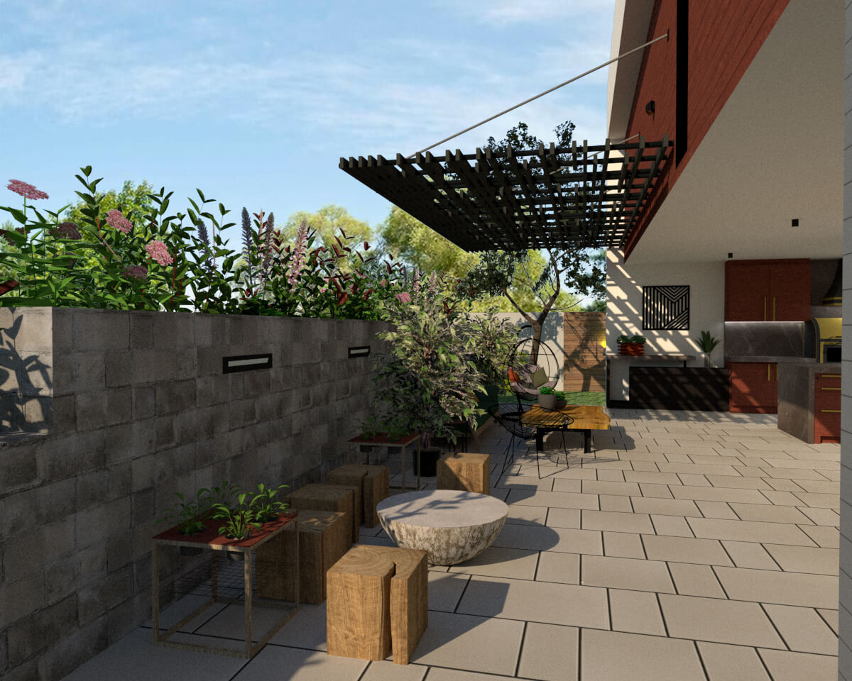 Terrace covered with pergola Lateral view covered with pergola