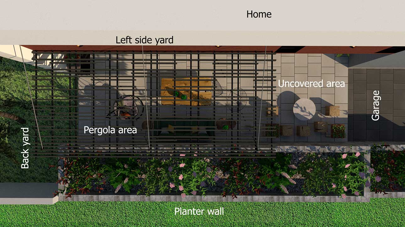 View of pergola on terrace design Terrace design plant view