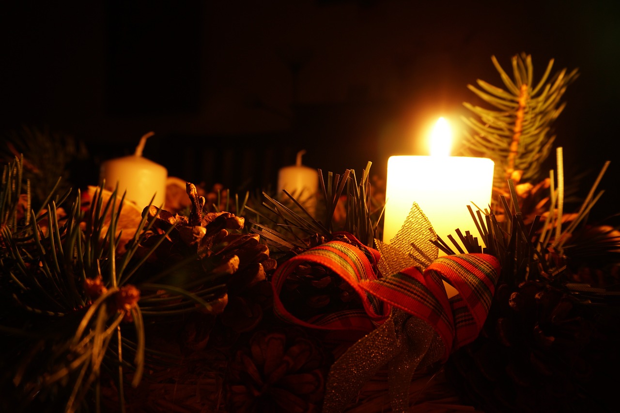 Candles on pine leaves decoration