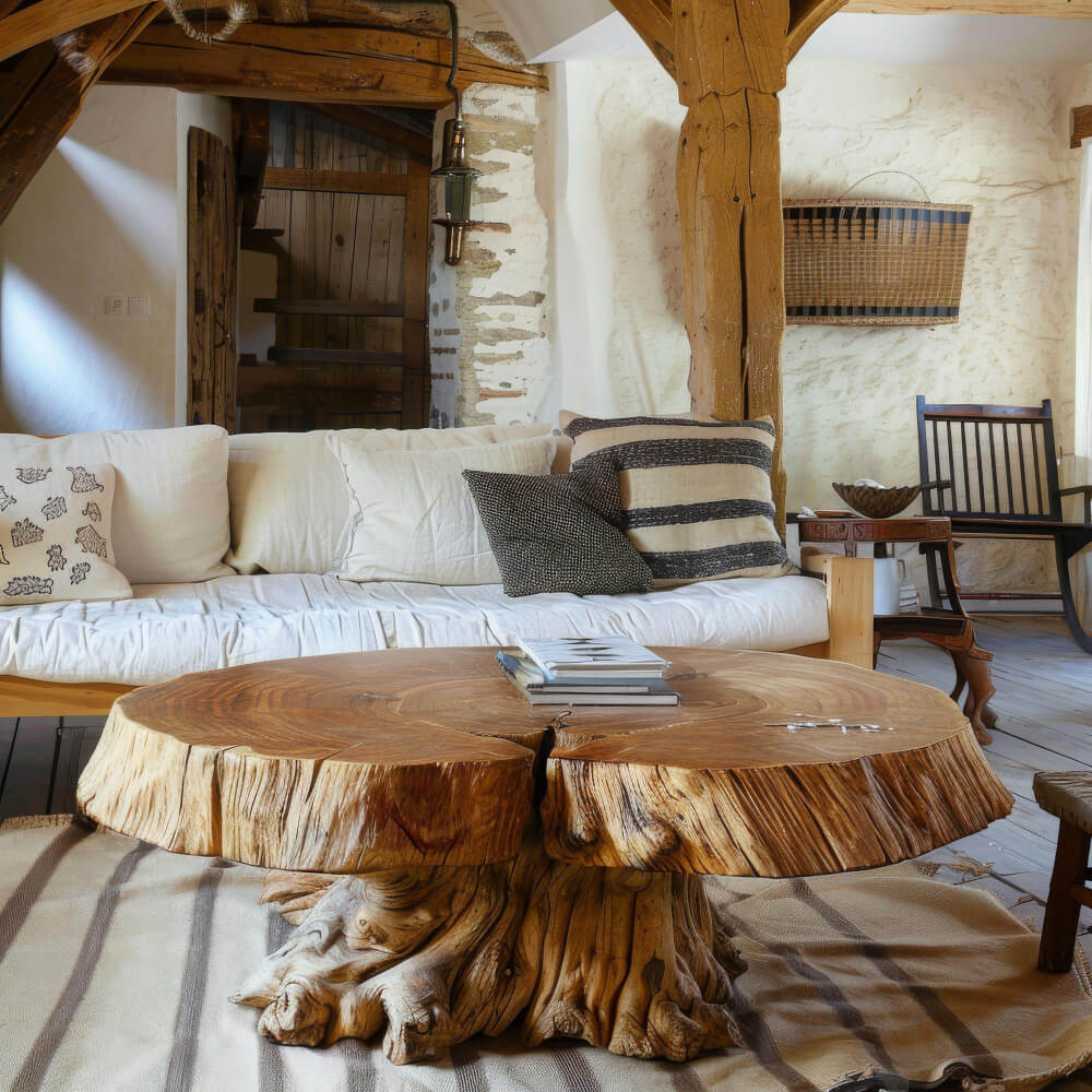 rustic living room table and sofa