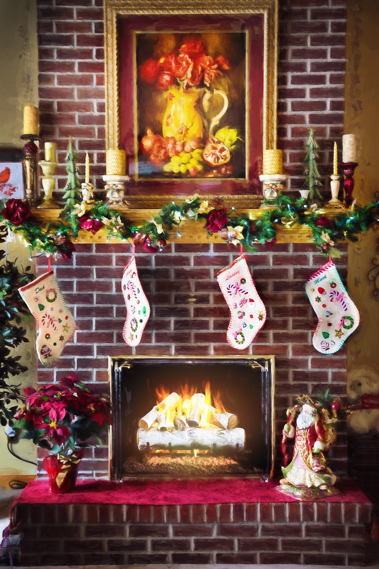 brick fireplace and christmas