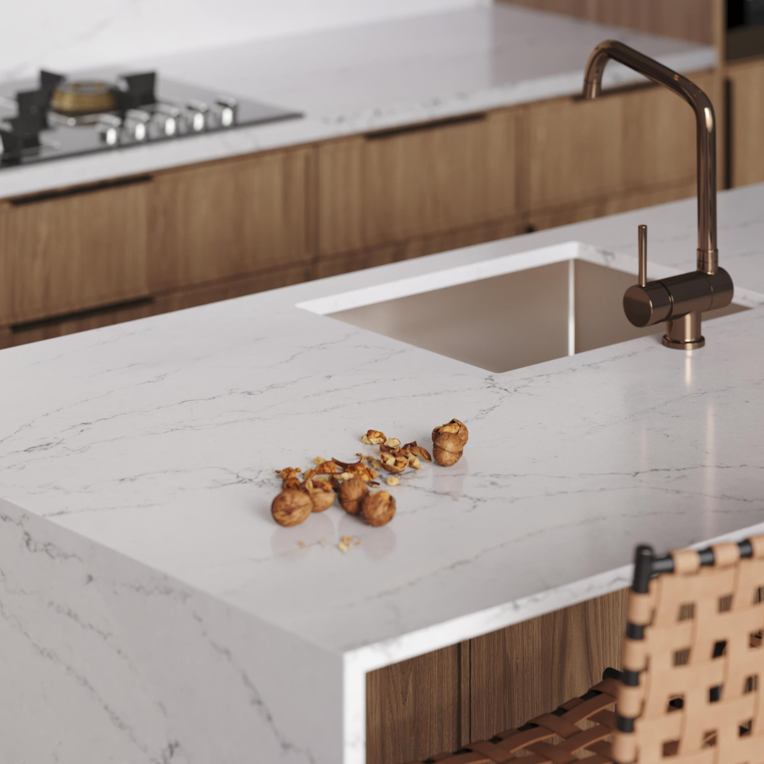 Modern kitchen design with quartz stone top detail of interior with faucet and home appliances