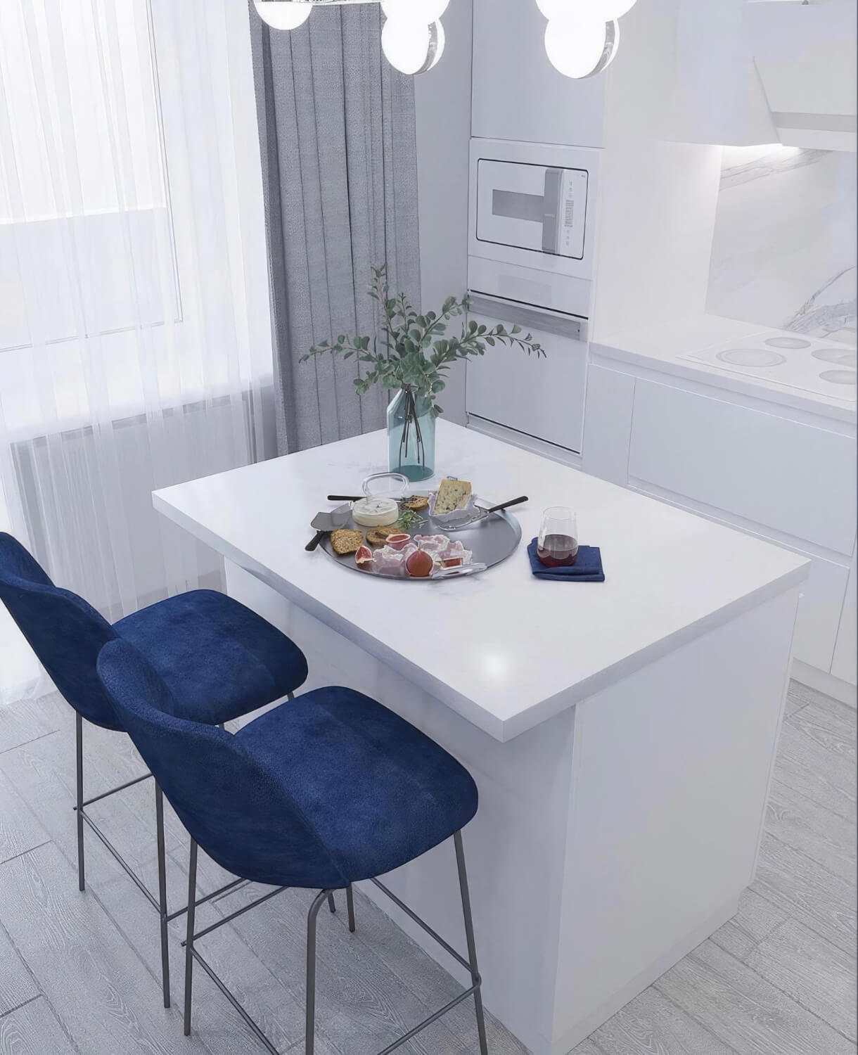 A kitchen with a white table and chairs and a vase with flowers on it