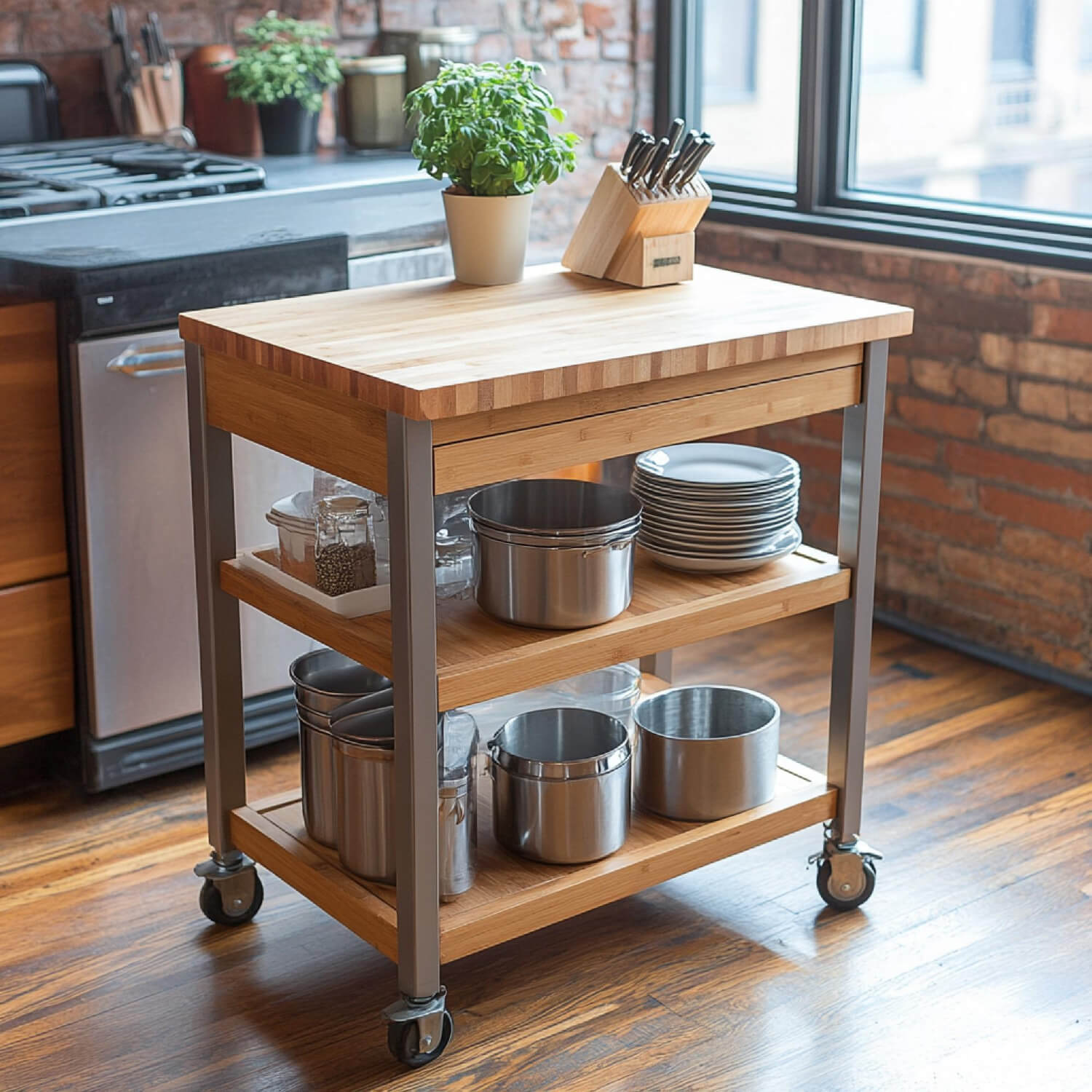 Stylish rolling kitchen cart with a butcher block top