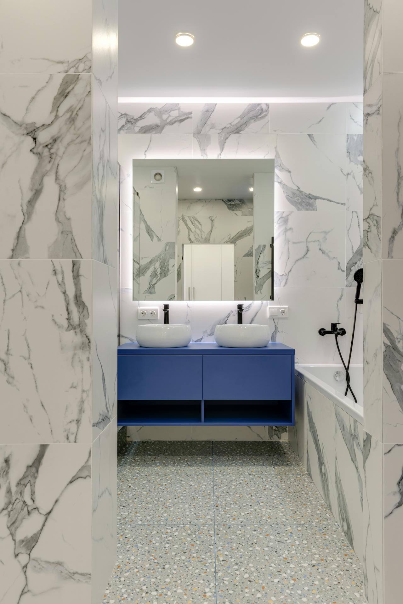 Bathroom Sinks on Blue Cabinet