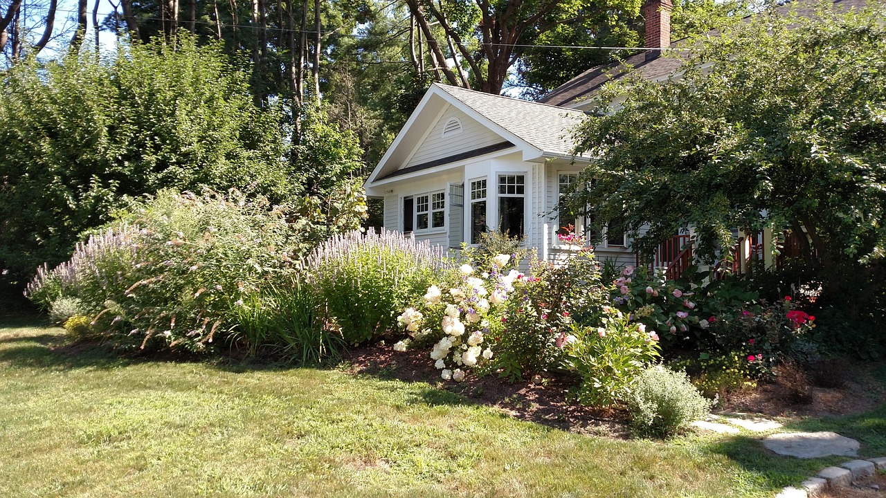 Front yard with trees and flowers