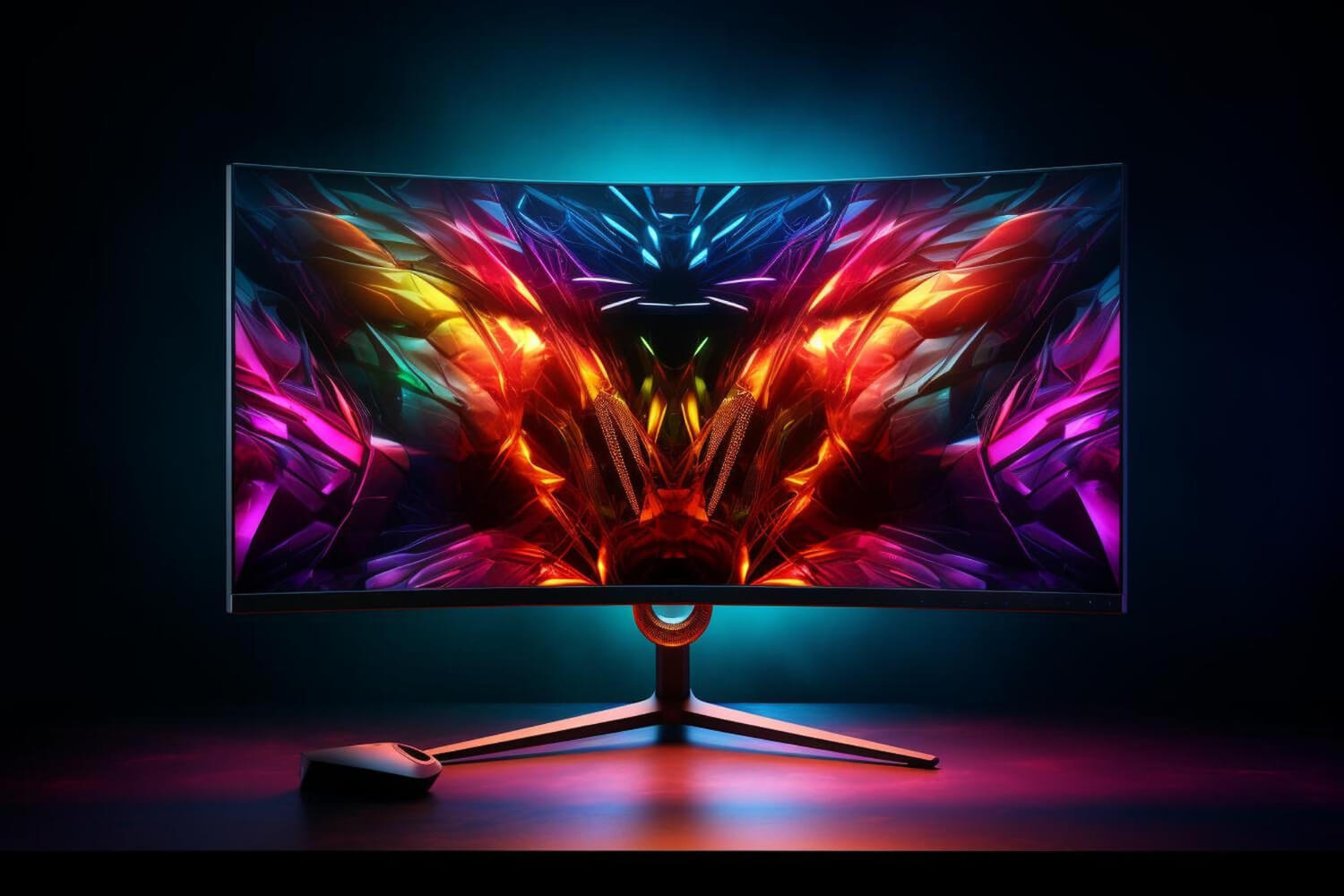 Gaming personal computer and ultrawide monitor in neon light