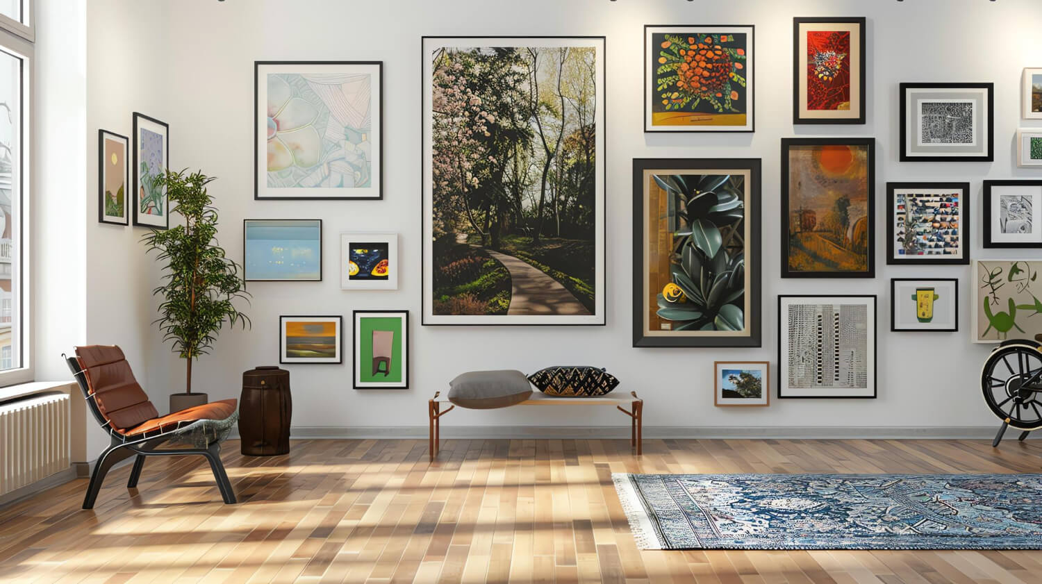 A living room with a large gallery wall the frames are a mix of different colors and styles