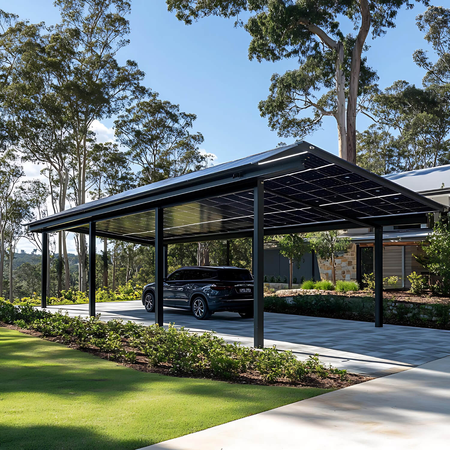 Modern home with solar panel carport and lush landscaping