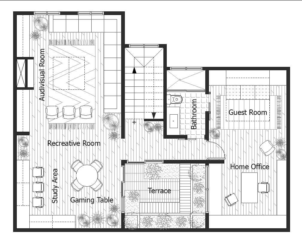 Basement with multipurpose areas and office Guest room
