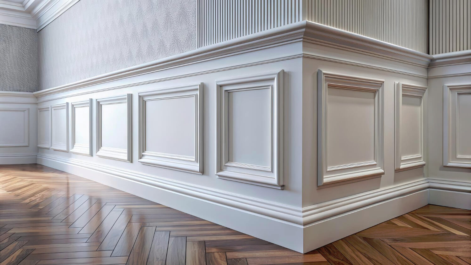 Classic wall paneling in a luxurious interior a closeup view of a corner with classic white wall