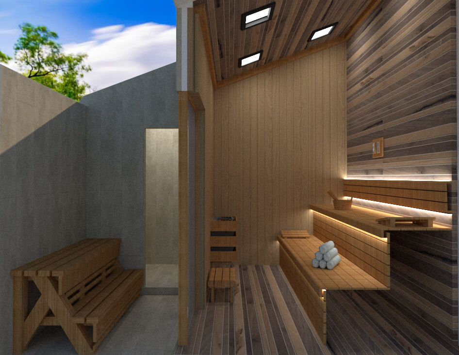 Cross-sectional view of the Sauna and its services, access to the spa bath