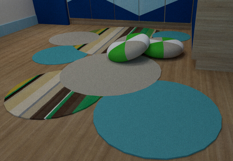 Set of rugs and puffs for the central game area.