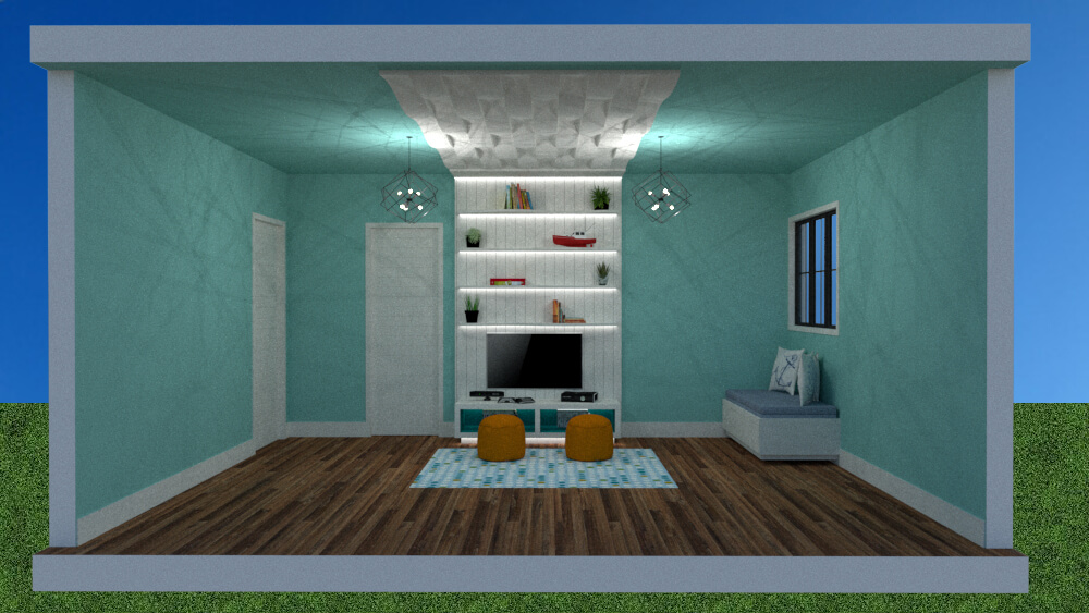 Cross-sectional view, from the windows on the left wall of the room
