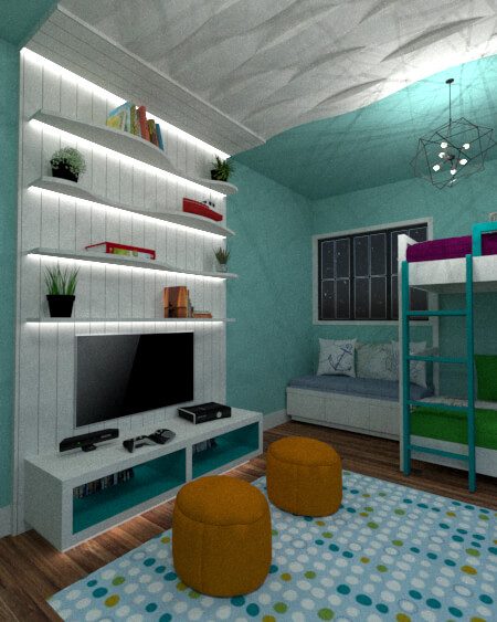 shelves and tv area