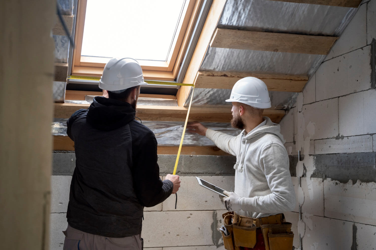 Two inspectors with white helmets checking wood attic