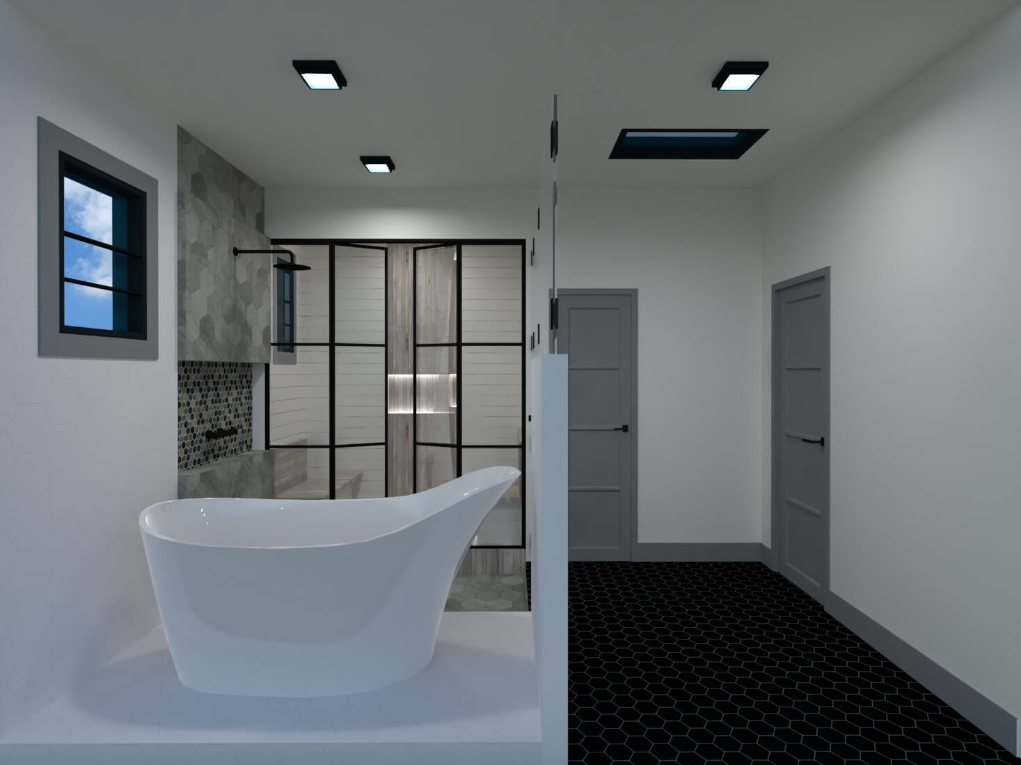 Cutaway view of the bathtub towards the sauna and the WC