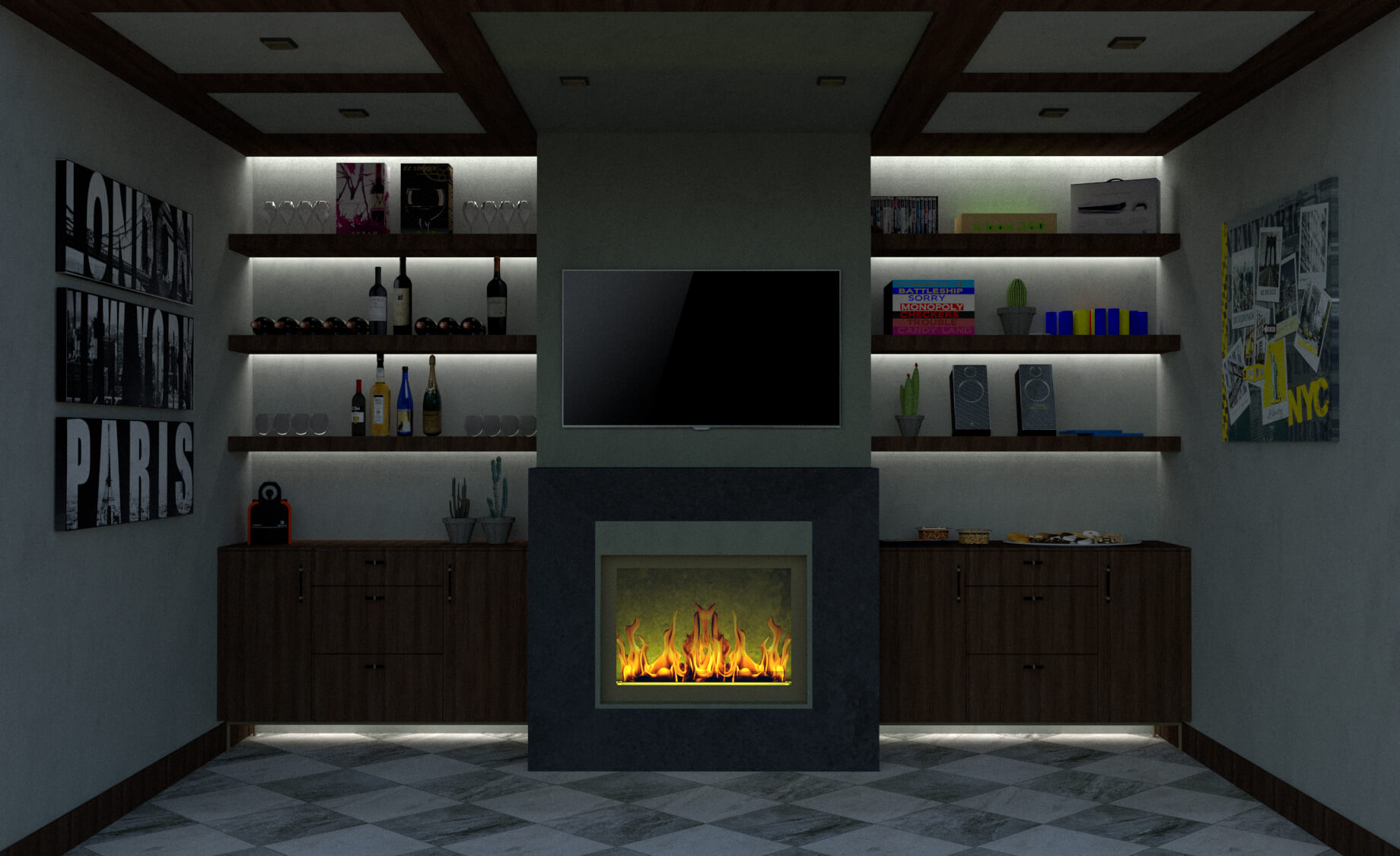 front view of basement fireplace 