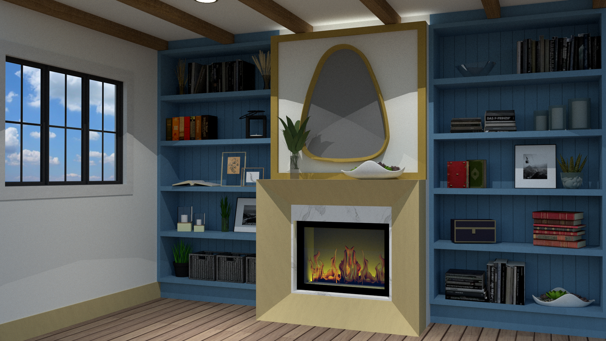 Scandinavian design basement fireplace, with natural an artificial lighting.