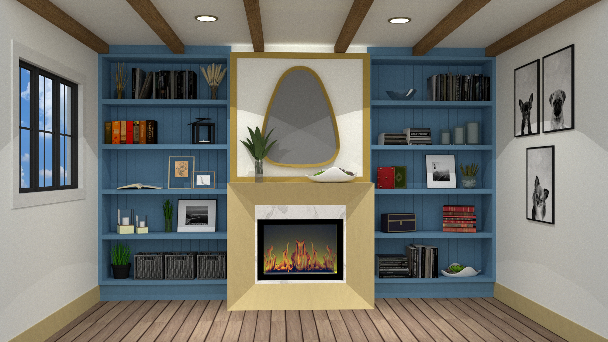 Scandinavian design basement fireplace, front view