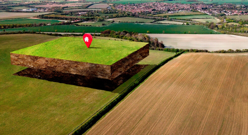 Land plot with nature landscape and location pin