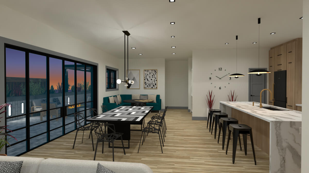 Luxury kitchen and terrace. kitchen and dining room view